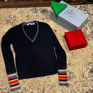 Navy Blue Veronica Beard sweater with rainbow cuffs, XS